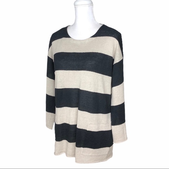 Eileen Fisher organic linen tan black stripe sweater XS extra small - Picture 1 of 16